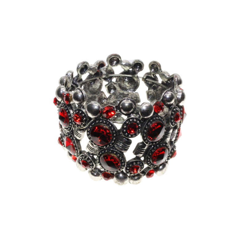 Bangle - Silver Tone Cuff Design. Ruby Red Coloured Assorted Sized Rhinestones - ML2880