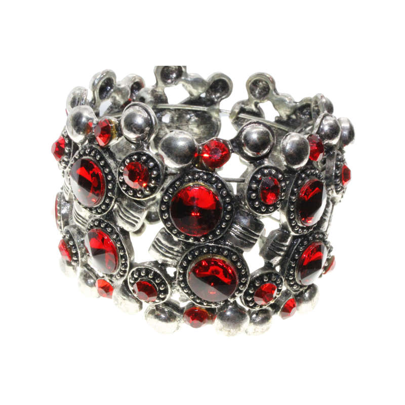 Bangle - Silver Tone Cuff Design. Ruby Red Coloured Assorted Sized Rhinestones - ML2880