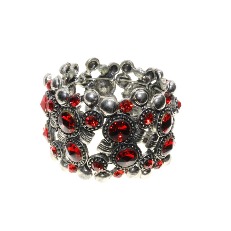 Bangle - Silver Tone Cuff Design. Ruby Red Coloured Assorted Sized Rhinestones - ML2880