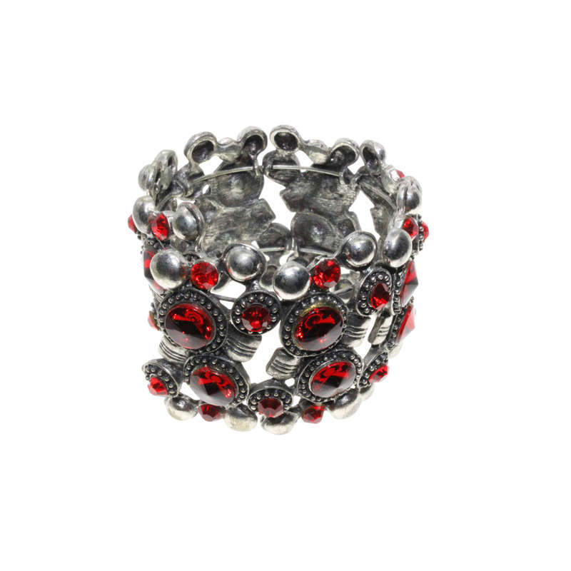 Bangle - Silver Tone Cuff Design. Ruby Red Coloured Assorted Sized Rhinestones - ML2880