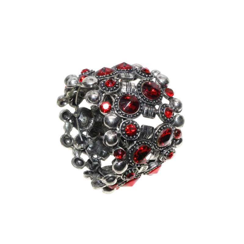 Bangle - Silver Tone Cuff Design. Ruby Red Coloured Assorted Sized Rhinestones - ML2880