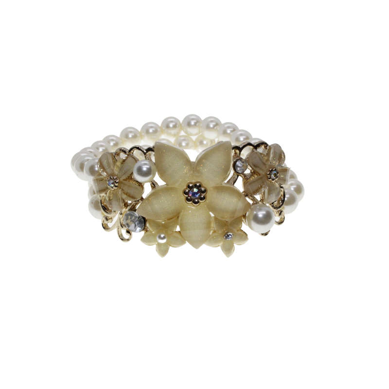 Bracelet - Gold Tone Stretch design. Beautiful Shimmering Floral Centre. Faux Pearl Stack - ML2881