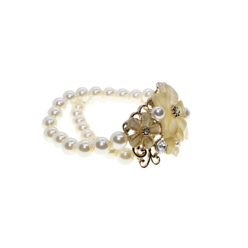 Bracelet - Gold Tone Stretch design. Beautiful Shimmering Floral Centre. Faux Pearl Stack - ML2881
