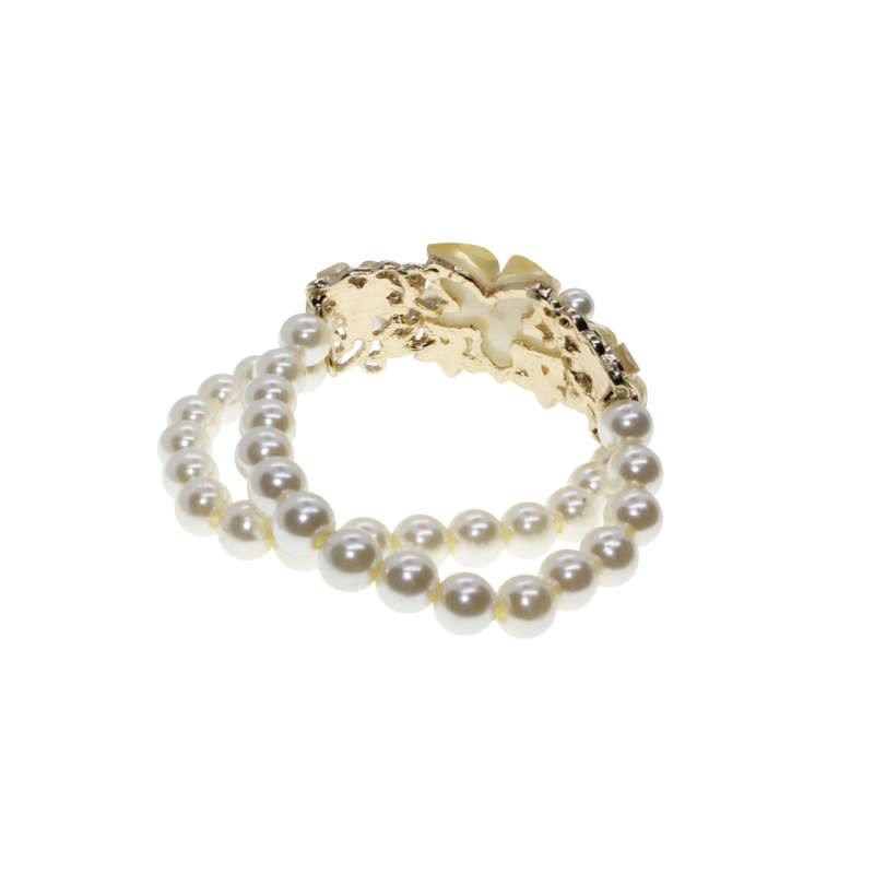 Bracelet - Gold Tone Stretch design. Beautiful Shimmering Floral Centre. Faux Pearl Stack - ML2881