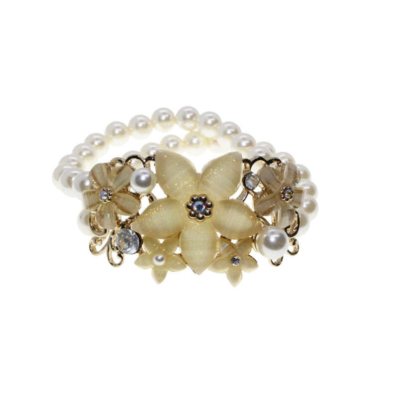 Bracelet - Gold Tone Stretch design. Beautiful Shimmering Floral Centre. Faux Pearl Stack - ML2881