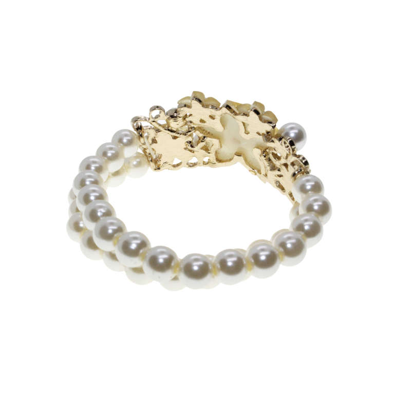 Bracelet - Gold Tone Stretch design. Beautiful Shimmering Floral Centre. Faux Pearl Stack - ML2881