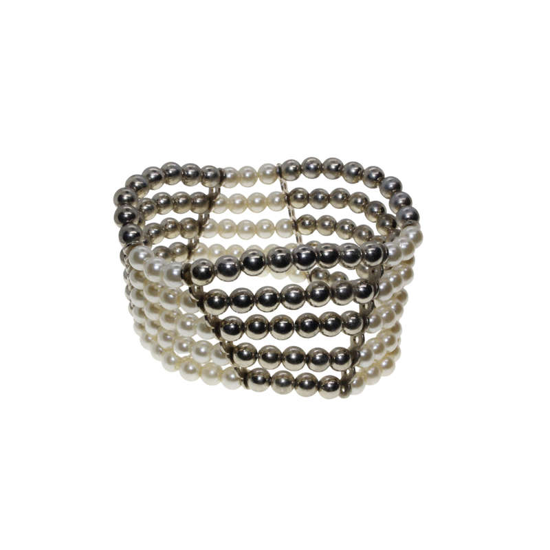 Bracelet - Silver Tone Stretch Design. Champagne Bronze & White Faux Pearl Stack Design - ML2882