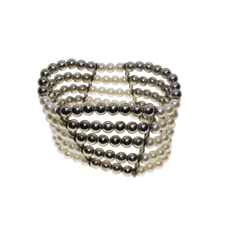 Bracelet - Silver Tone Stretch Design. Champagne Bronze & White Faux Pearl Stack Design - ML2882