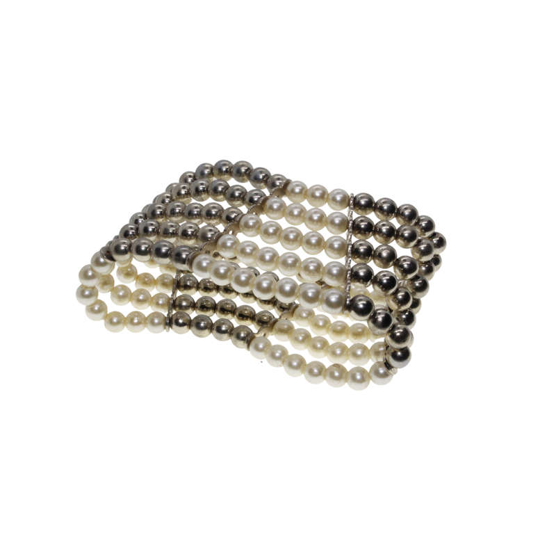 Bracelet - Silver Tone Stretch Design. Champagne Bronze & White Faux Pearl Stack Design - ML2882