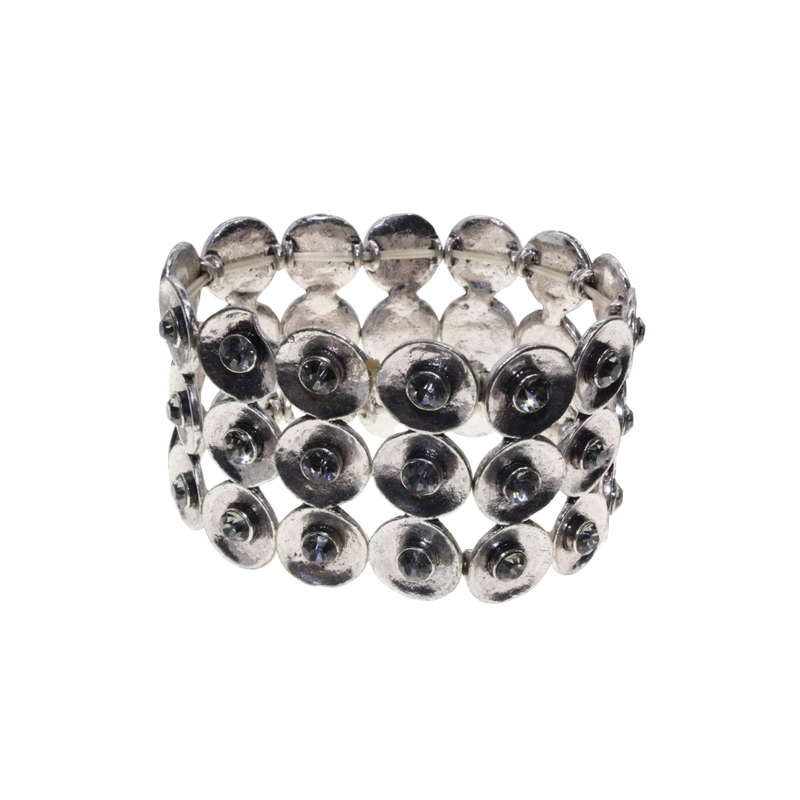 Bracelet - Silver Tone Stretch Design. 3 Stack Dark Silver Tone Domes. Grey Diamantes - ML2883