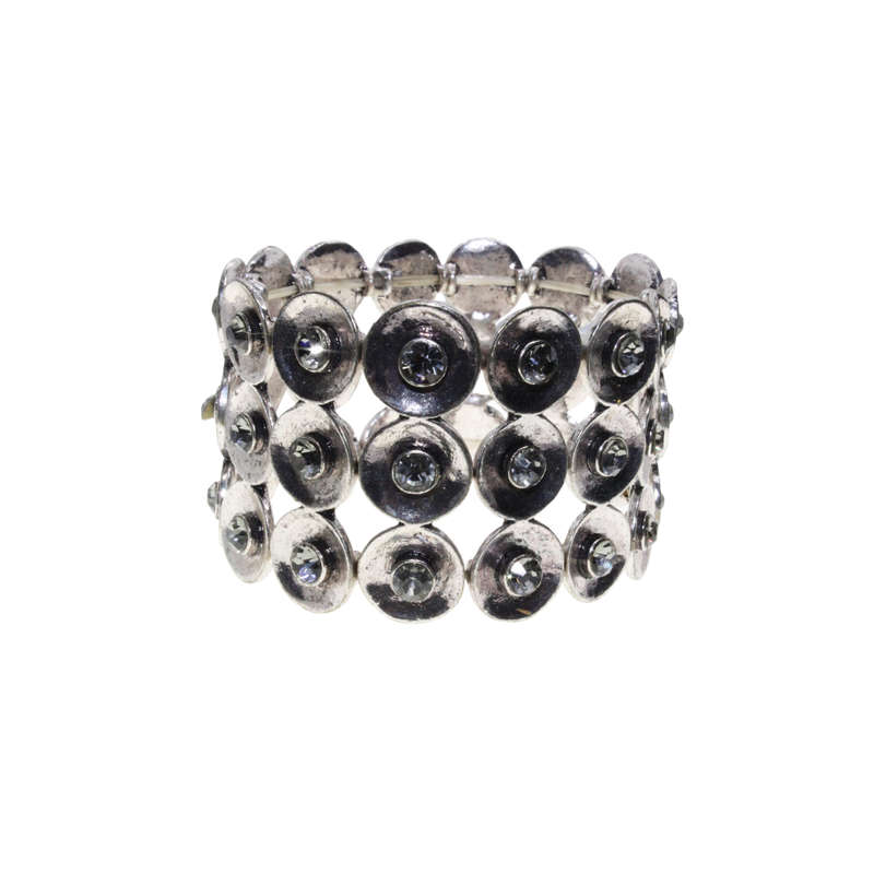 Bracelet - Silver Tone Stretch Design. 3 Stack Dark Silver Tone Domes. Grey Diamantes - ML2883