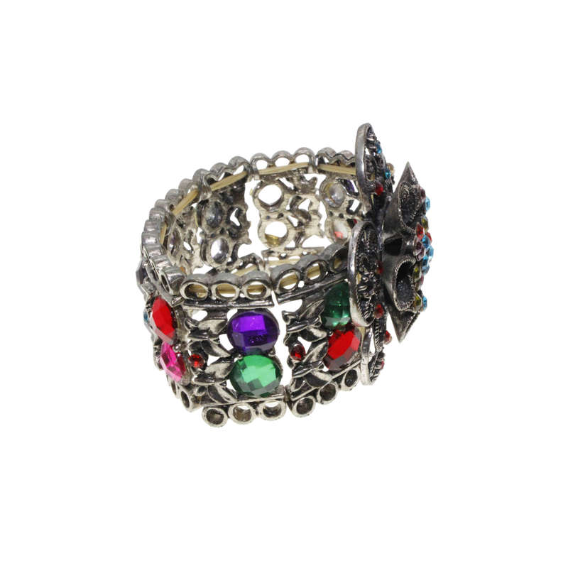 Bracelet - Silver Tone Stretch Design. Large Flower Covered in Multi-Coloured Rhinestones - ML2884
