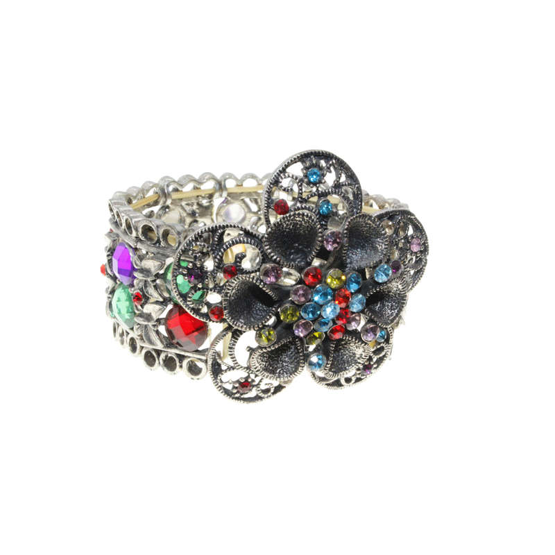 Bracelet - Silver Tone Stretch Design. Large Flower Covered in Multi-Coloured Rhinestones - ML2884