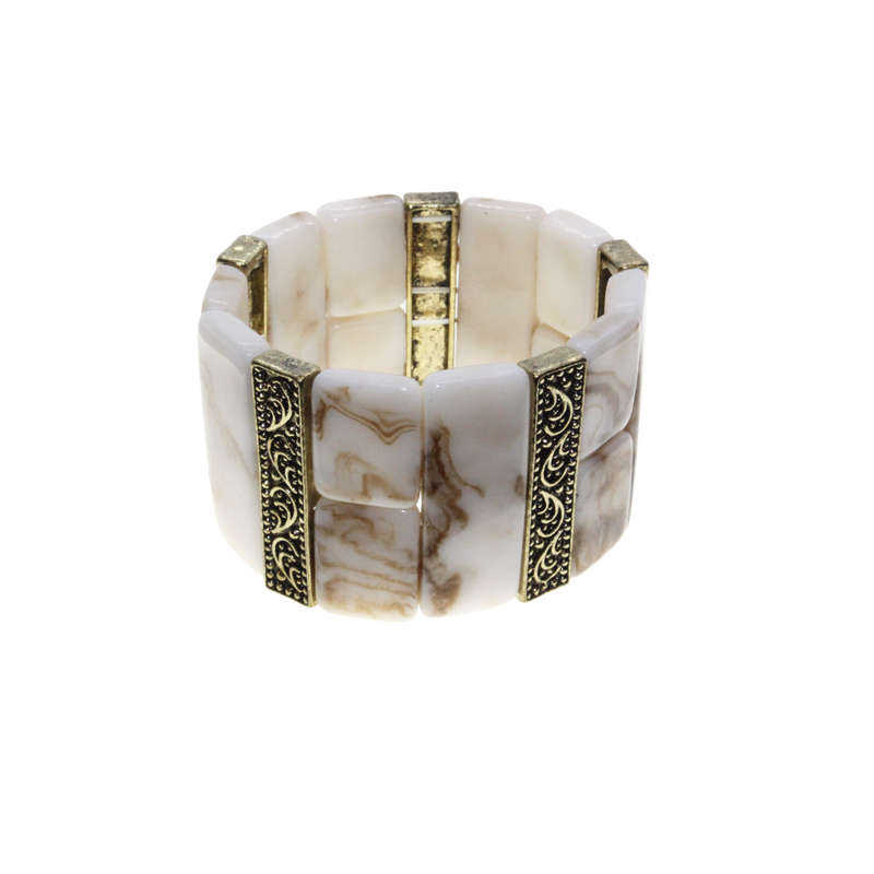 Bracelet - Gold Tone Stretch Design. Brown & White Marble Style Slab Beads - ML2885