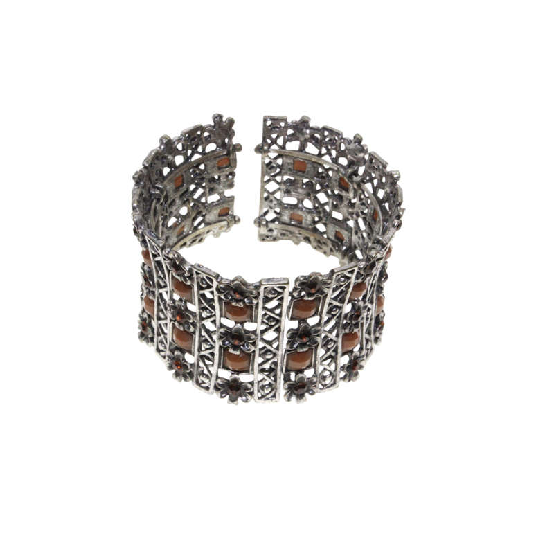 Bangle - Silver Tone Cuff Design. Corset Style with Brown Rhinestones & Diamantes - ML2886