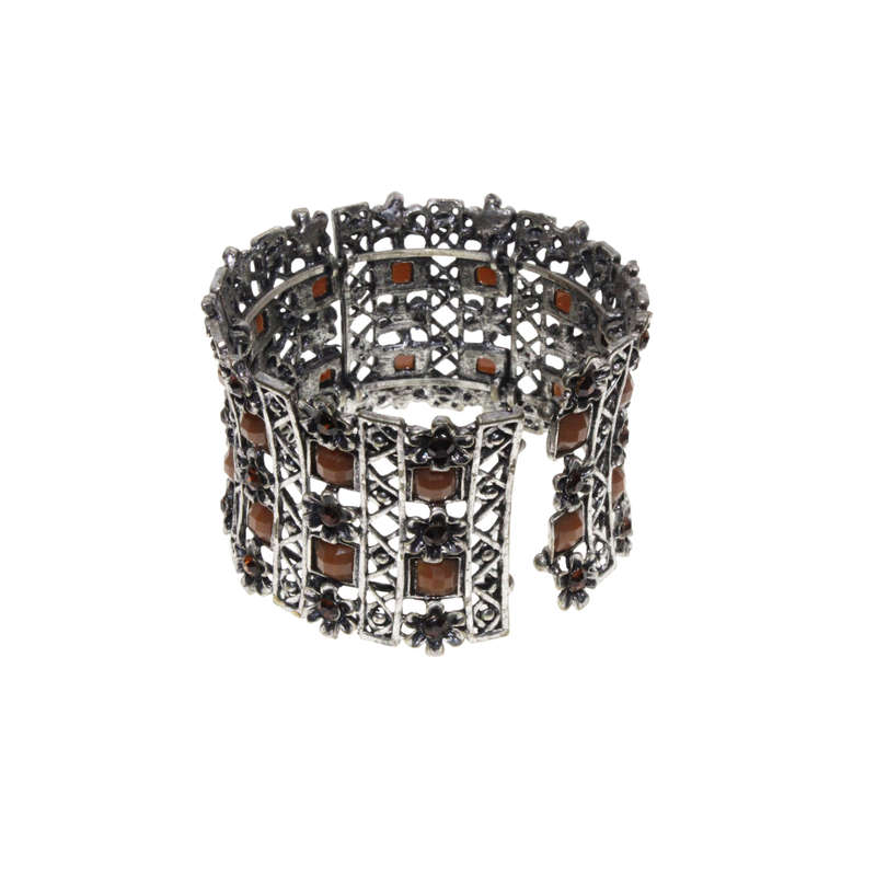 Bangle - Silver Tone Cuff Design. Corset Style with Brown Rhinestones & Diamantes - ML2886