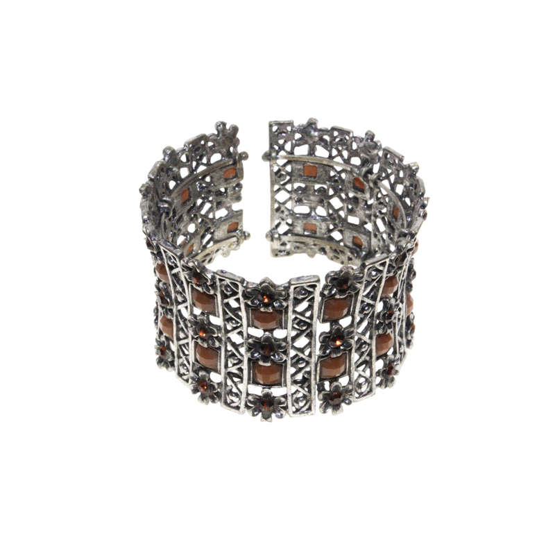 Bangle - Silver Tone Cuff Design. Corset Style with Brown Rhinestones & Diamantes - ML2886