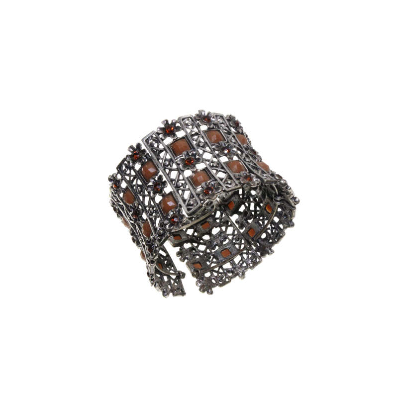 Bangle - Silver Tone Cuff Design. Corset Style with Brown Rhinestones & Diamantes - ML2886