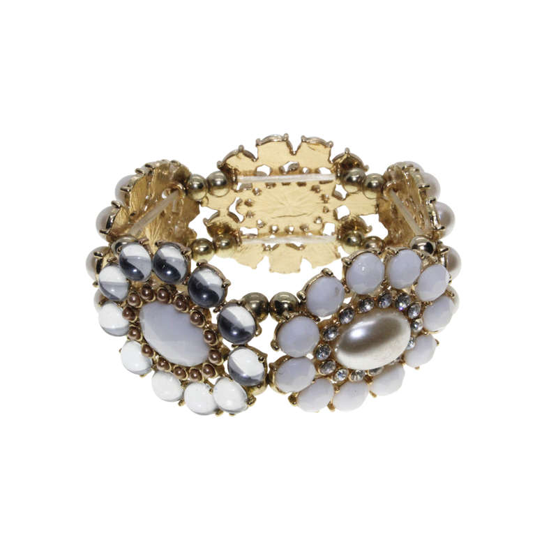 Bracelet - Gold Tone stretch Design. Flowers with Faux Pearls and Diamantes - ML2889