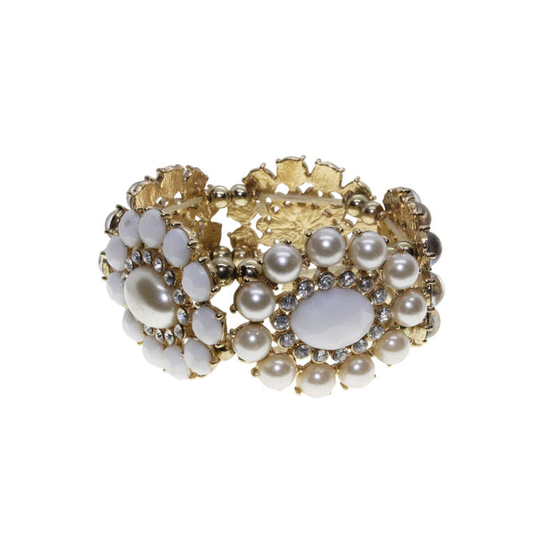 Bracelet - Gold Tone stretch Design. Flowers with Faux Pearls and Diamantes - ML2889