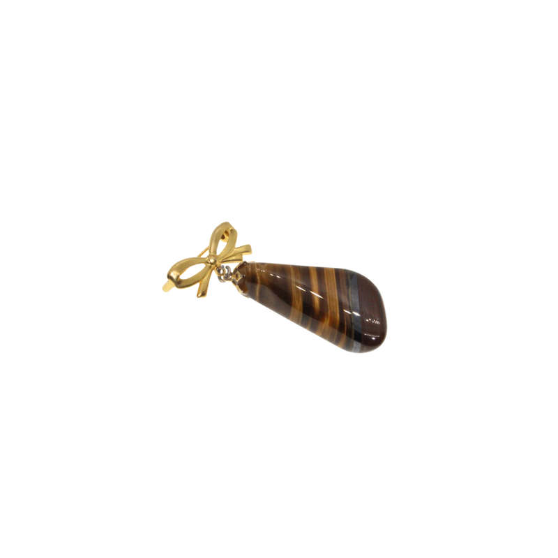 Brooch - Gold Tone Vintage Bow Brooch with hanging Tigers Eye - ML2892