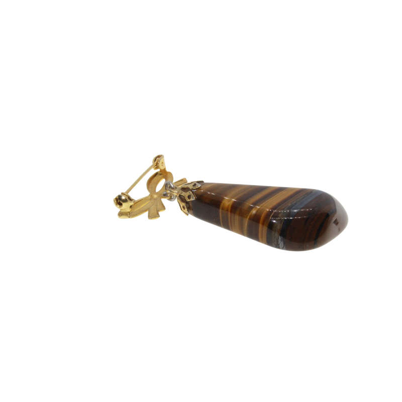 Brooch - Gold Tone Vintage Bow Brooch with hanging Tigers Eye - ML2892