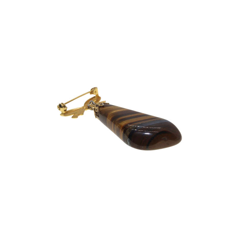 Brooch - Gold Tone Vintage Bow Brooch with hanging Tigers Eye - ML2892