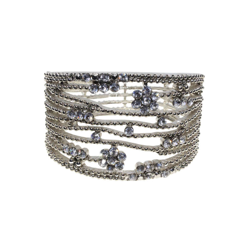 Bangle - Silver Tone Cuff Design. Multiple Textured Strands. Diamante Flowers - ML2893