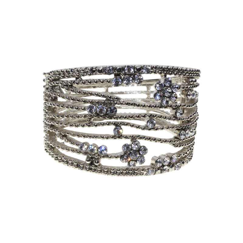 Bangle - Silver Tone Cuff Design. Multiple Textured Strands. Diamante Flowers - ML2893
