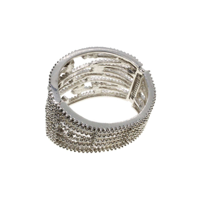 Bangle - Silver Tone Cuff Design. Multiple Textured Strands. Diamante Flowers - ML2893