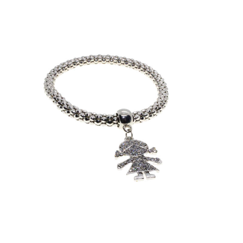Bracelet - Silver Tone Textured Stretch Band Design. Little Diamante Girl Pendant - ML2895