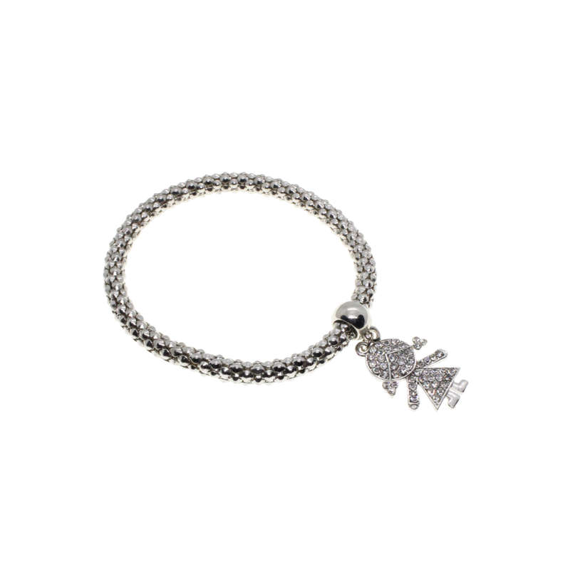 Bracelet - Silver Tone Textured Stretch Band Design. Little Diamante Girl Pendant - ML2895