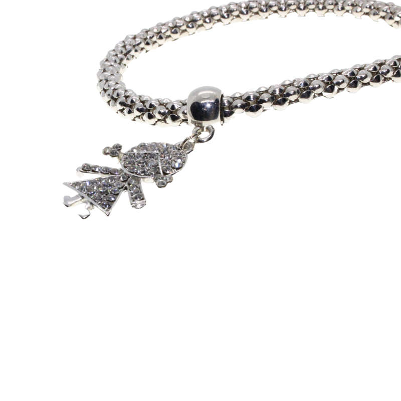 Bracelet - Silver Tone Textured Stretch Band Design. Little Diamante Girl Pendant - ML2895