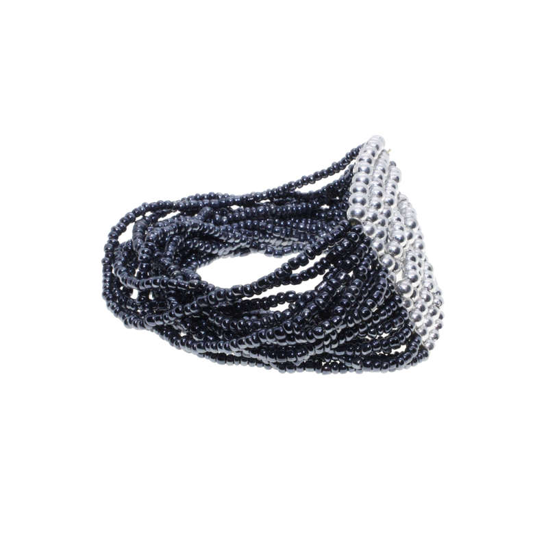 Bracelet - Silver Tone and Blue Coloured Beads. Stretchy Blue Strands & Silver bead strands - ML2896