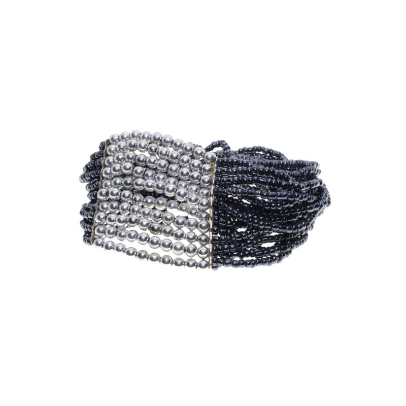 Bracelet - Silver Tone and Blue Coloured Beads. Stretchy Blue Strands & Silver bead strands - ML2896
