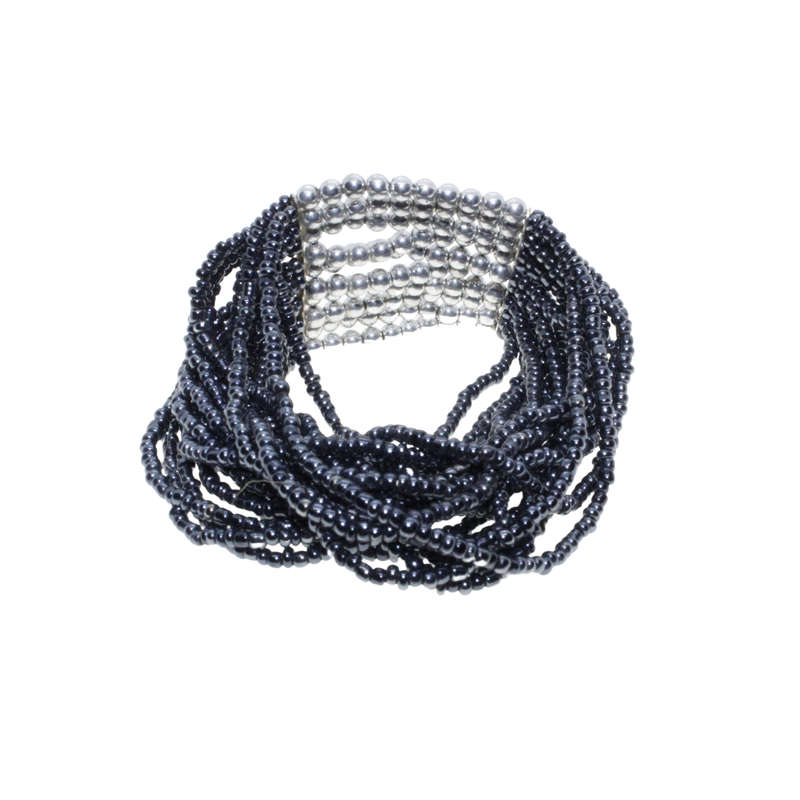 Bracelet - Silver Tone and Blue Coloured Beads. Stretchy Blue Strands & Silver bead strands - ML2896