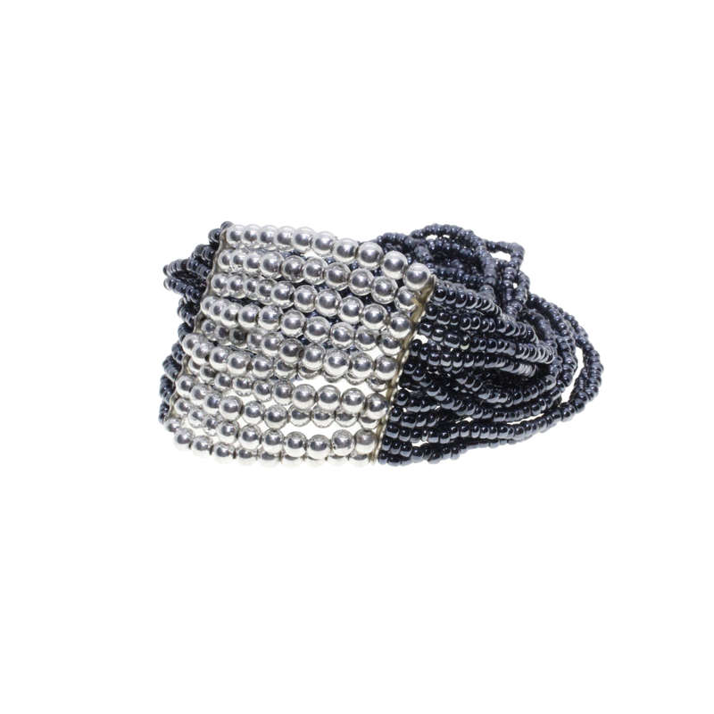 Bracelet - Silver Tone and Blue Coloured Beads. Stretchy Blue Strands & Silver bead strands - ML2896