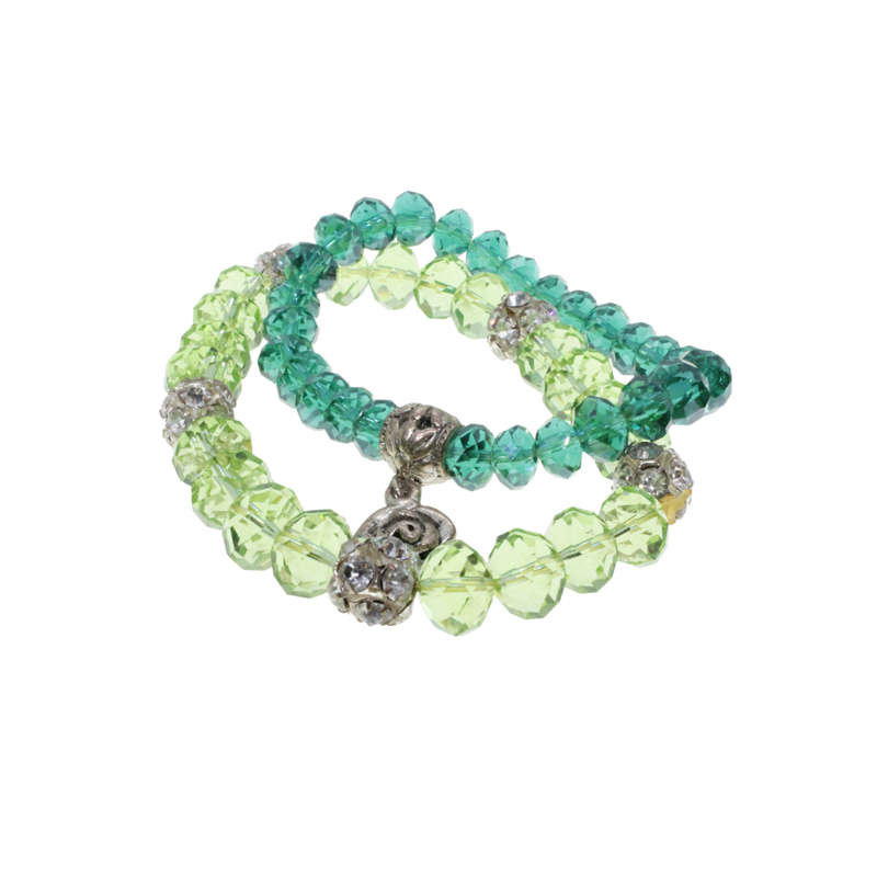 Bracelet - 2 x Silver Tone Light and Dark Green Crystal Like Beads. Rose pendant. Diamantes - ML2897