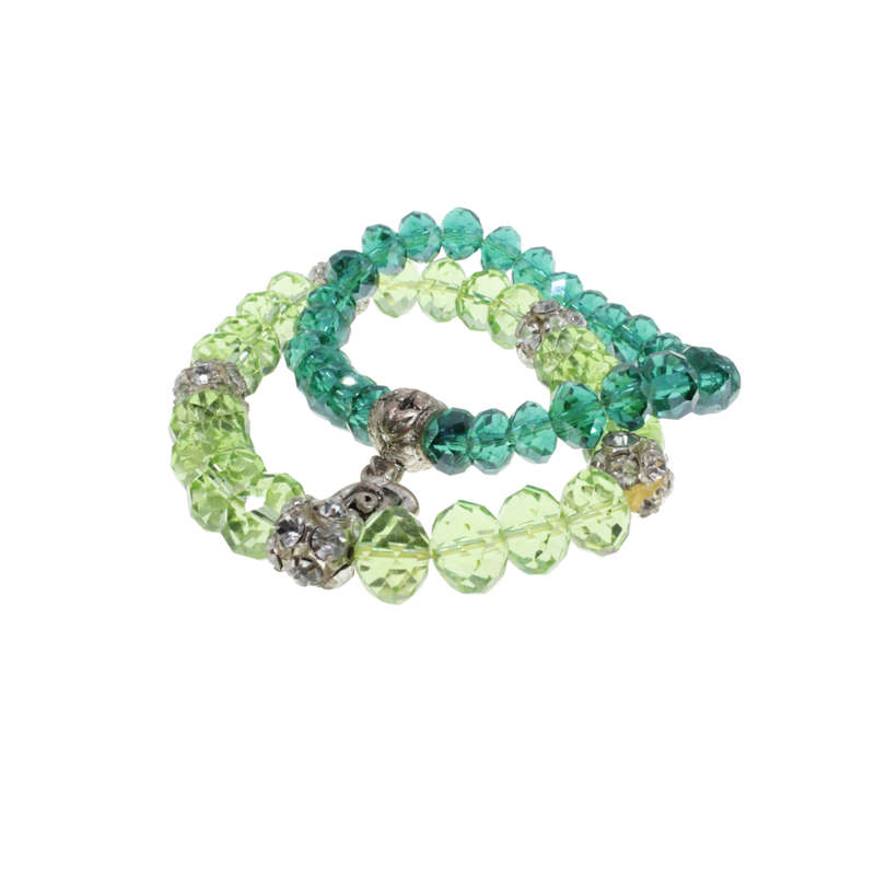 Bracelet - 2 x Silver Tone Light and Dark Green Crystal Like Beads. Rose pendant. Diamantes - ML2897