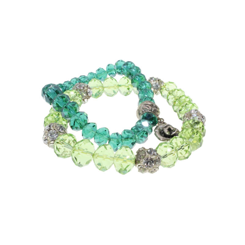 Bracelet - 2 x Silver Tone Light and Dark Green Crystal Like Beads. Rose pendant. Diamantes - ML2897