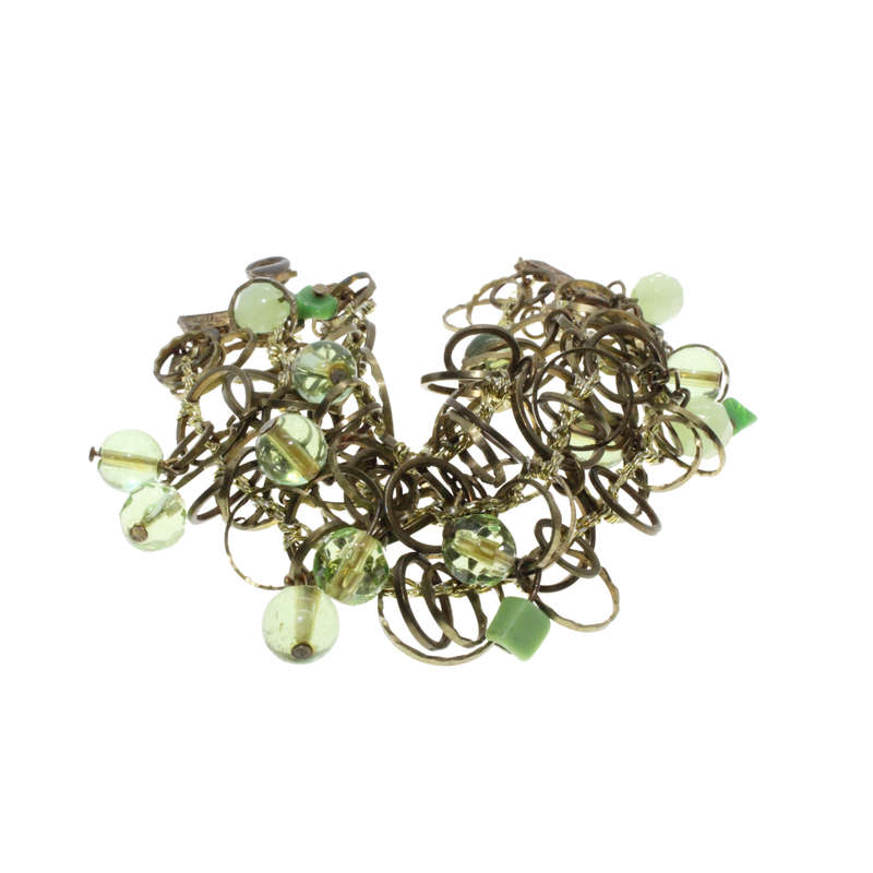 Bracelet - Gold Tone 3 Strand Design. Brass Coloured Decorative Circle Links & Green Beads - ML2899