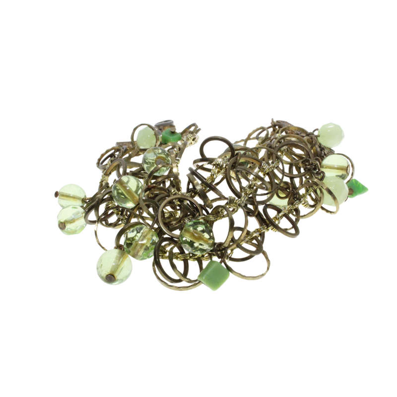 Bracelet - Gold Tone 3 Strand Design. Brass Coloured Decorative Circle Links & Green Beads - ML2899