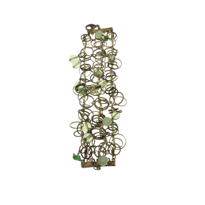 Bracelet - Gold Tone 3 Strand Design. Brass Coloured Decorative Circle Links & Green Beads - ML2899