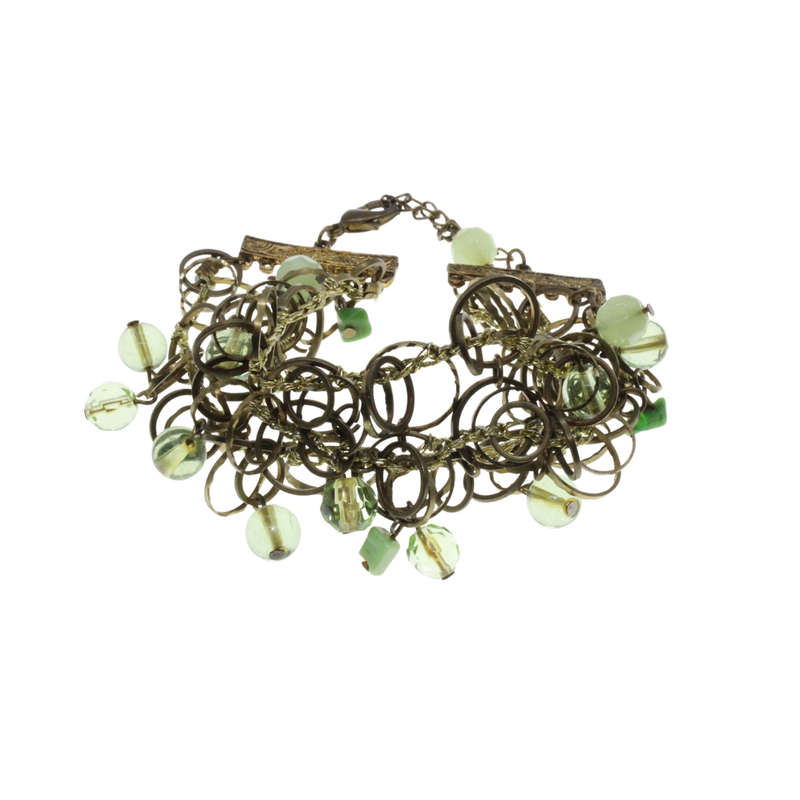 Bracelet - Gold Tone 3 Strand Design. Brass Coloured Decorative Circle Links & Green Beads - ML2899