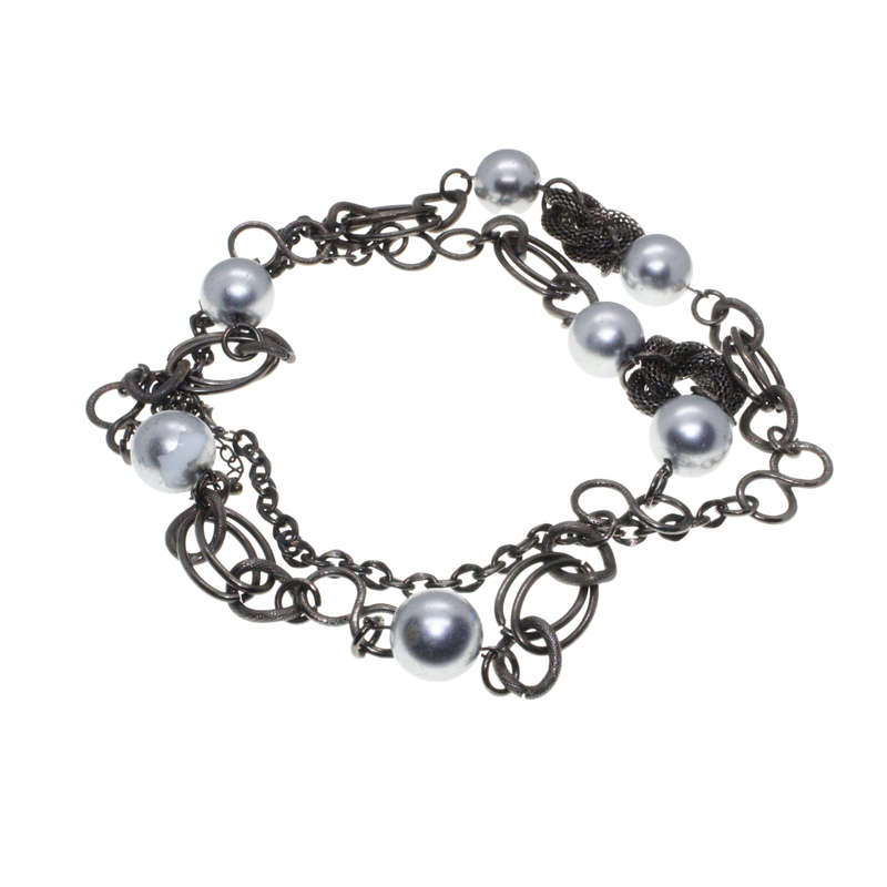 Necklace - Gun Metal Tone Chain Style. Attached by Links and Silver Tone Large Beads - ML2900