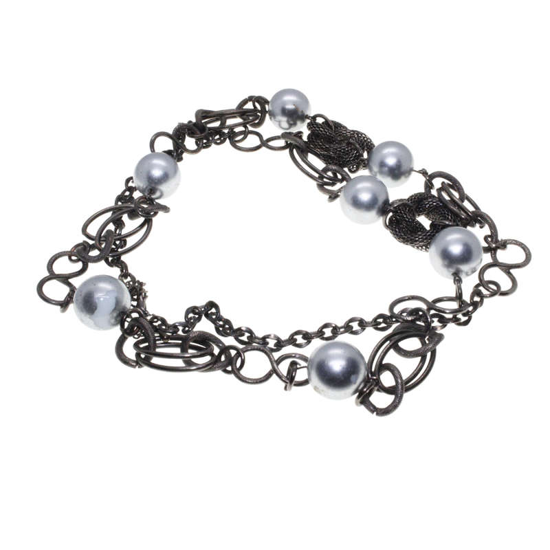 Necklace - Gun Metal Tone Chain Style. Attached by Links and Silver Tone Large Beads - ML2900