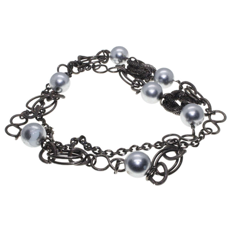 Necklace - Gun Metal Tone Chain Style. Attached by Links and Silver Tone Large Beads - ML2900