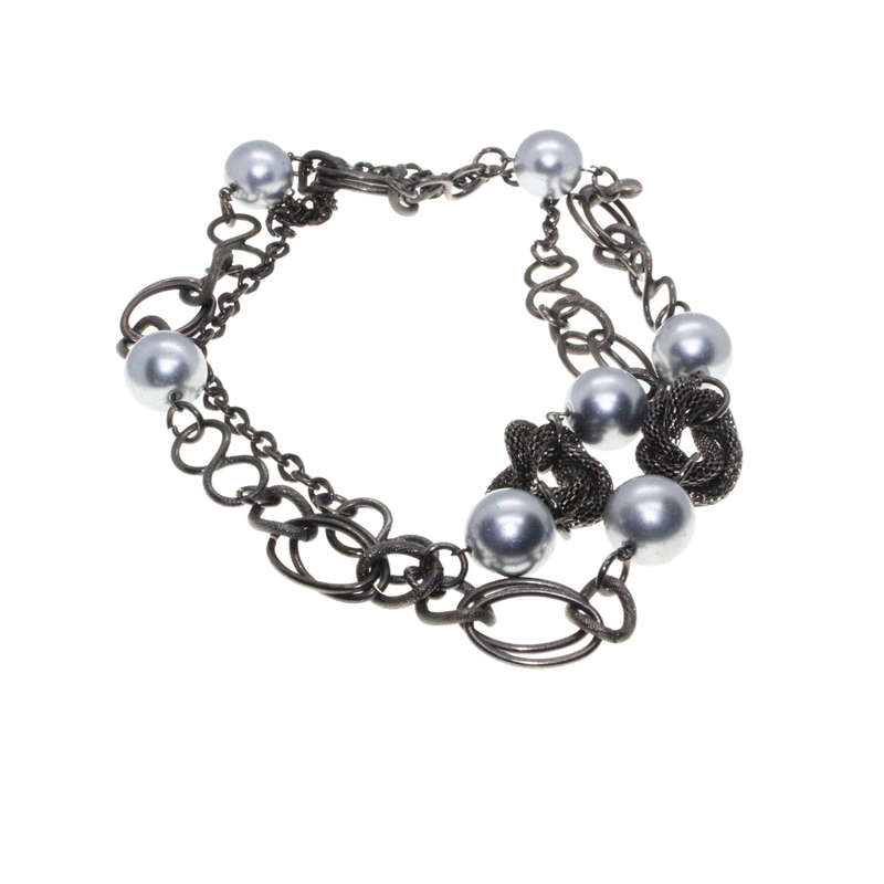 Necklace - Gun Metal Tone Chain Style. Attached by Links and Silver Tone Large Beads - ML2900