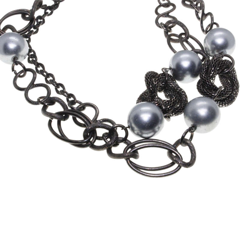 Necklace - Gun Metal Tone Chain Style. Attached by Links and Silver Tone Large Beads - ML2900