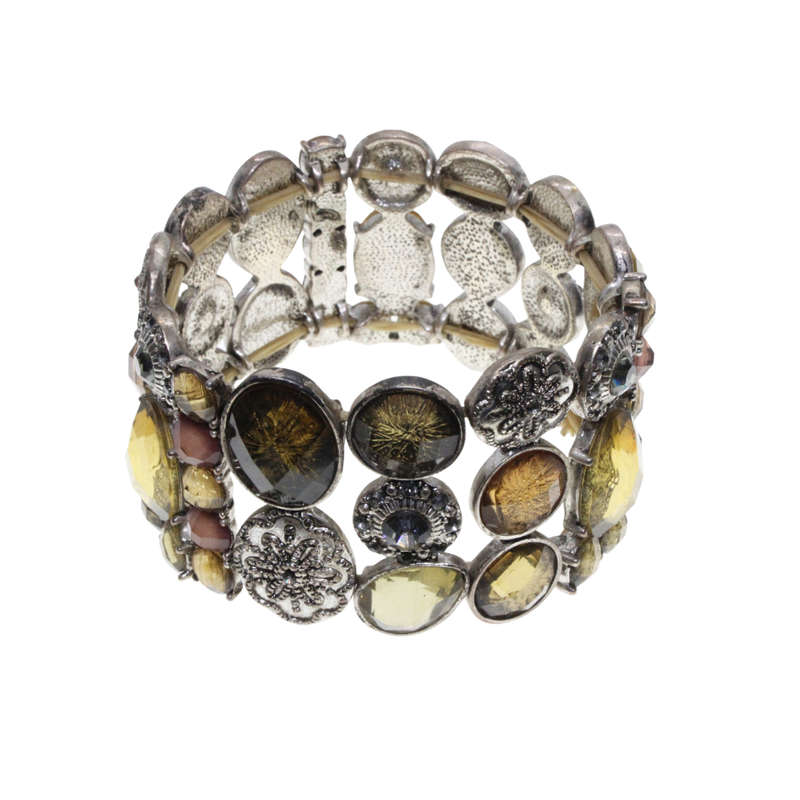 Bracelet - Silver Tone Stretch Design. Bronze Rhinestones and Diamantes. 3 Stack Design - ML2901